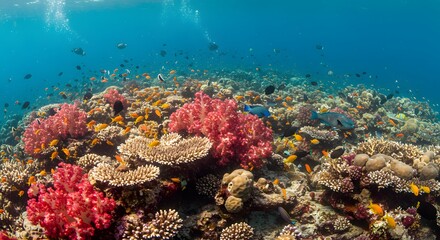Fototapeta premium Underwater coral reef teeming with colorful marine life (horizontal). 