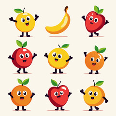 Happy Fruit Characters – Kawaii Apple, Banana, and Berry Cartoon Collection