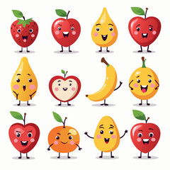 Happy Fruit Characters &ndash; Kawaii Apple, Banana, and Berry Cartoon Collection