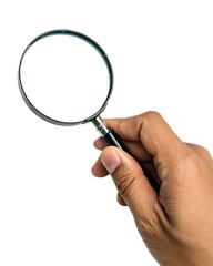 hand holding magnifying glass isolated on white background, PNG