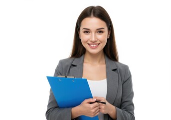 Woman smiling holding a blue clipboard in a grey blazer against a white background in a studio shot