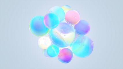 A dreamy 3D composition of iridescent pastel bubbles, blending luxury skincare, futuristic science, and fantasy art aesthetics—perfect for packaging, editorial design, or digital visual storytelling
