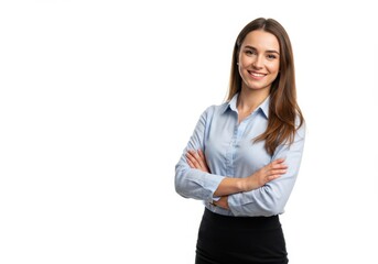 Portrait of a smiling woman with arms crossed wearing a blue shirt and black skirt on a white background