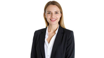 Portrait of an attractive, smiling, young and beautiful businesswoman. She is dressed in a sleek, elegant white suit paired with a stylish black blazer. PNG file