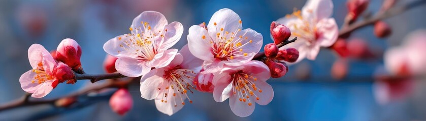 Blossoming apricot tree branches with spring background and sky concept. Blooming cherry blossoms on a branch, symbolizing spring beauty.