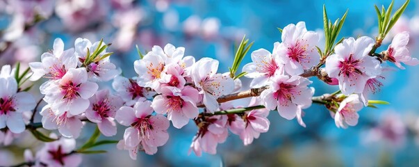 Obraz premium Blossoming apricot tree branches with spring background and sky concept. Beautiful cherry blossom branches against a clear blue sky.