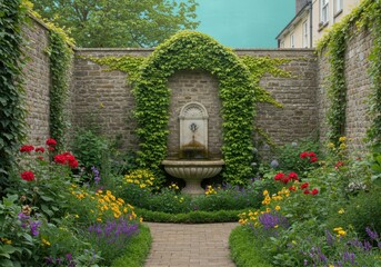 A stone fountain in a walled garden with flowers and ivy covered walls and a brick pathway leading up to it