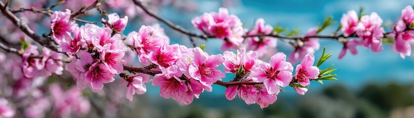 Fototapeta premium Blossoming apricot tree branches with spring background and sky concept. A beautiful branch of pink blossoms showcasing spring's charm.
