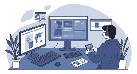 Naklejka premium Hacker Analyzing Data on Multiple Screens in a Modern Workspace 