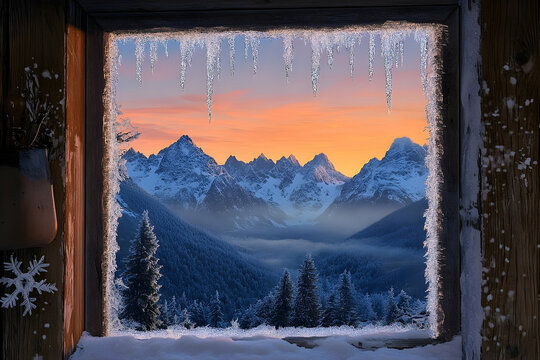 Frosted window view of a winter sunrise over snow-capped mountains.