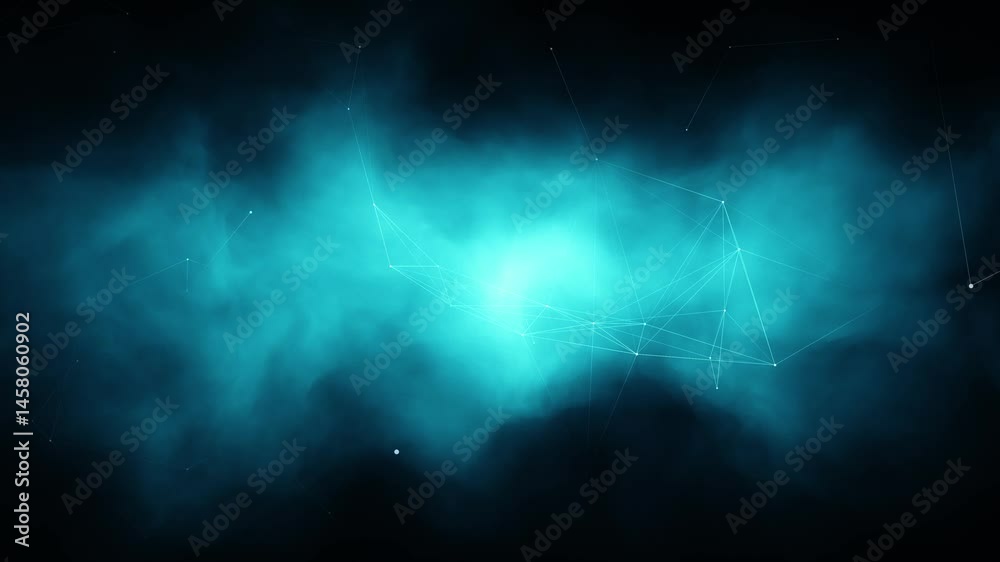 Poster turquoise blue mist cloudy volumetric light with digital lines loop background.