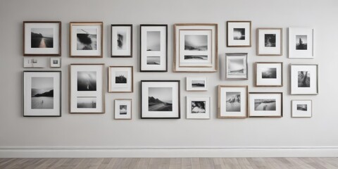 Fototapeta premium Stylish frame collection on white wall; mockup of modern gallery wall display, blank frames, photography, shapes