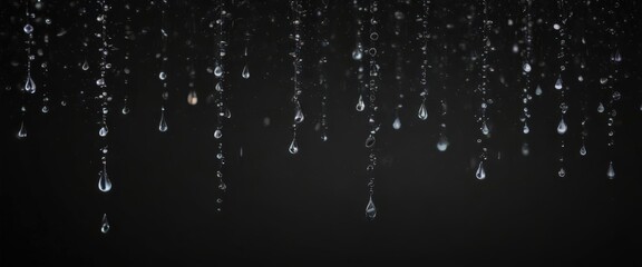 Water droplets cascade, blurred motion, black background, close-up, falling