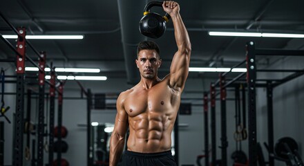 Muscular man lifting kettlebell overhead in gym with visible abs and defined arm muscles during workout