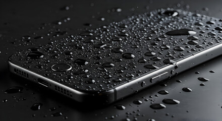Black Smartphone Covered in Water Droplets Displayed on Dark Reflective Surface for Waterproofness Concept