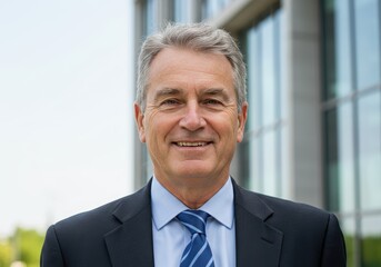 Naklejka premium Portrait of a smiling mature man in a suit and tie standing in front of a modern building outdoors