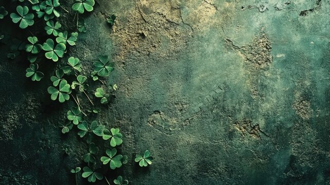 Intricate clover sprigs cascade down a textured teal-toned wall