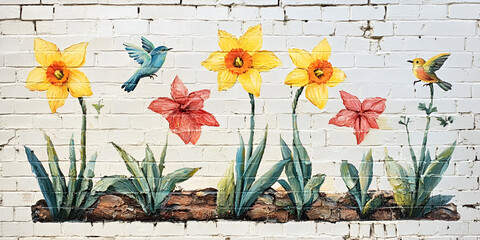 Colorful Flower Mural with Birds on White Brick Wall

