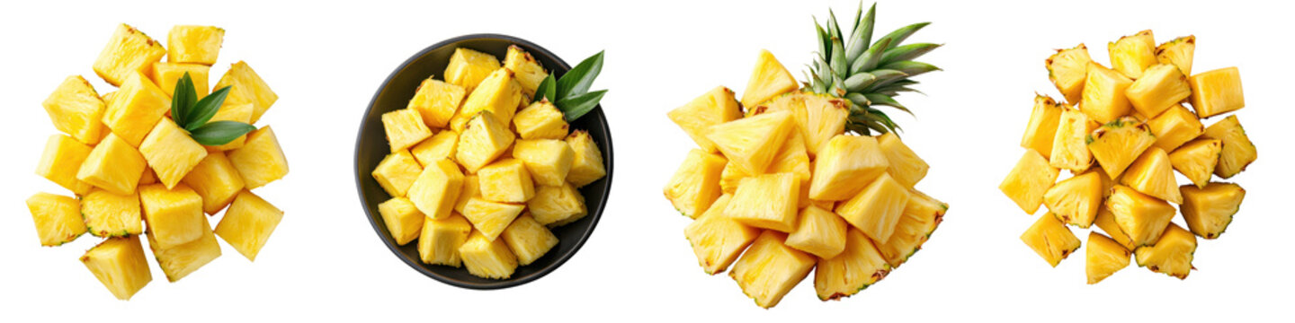 A collection of fresh juicy pineapple chunks of various sizes arranged in a visually appealing display against a plain background