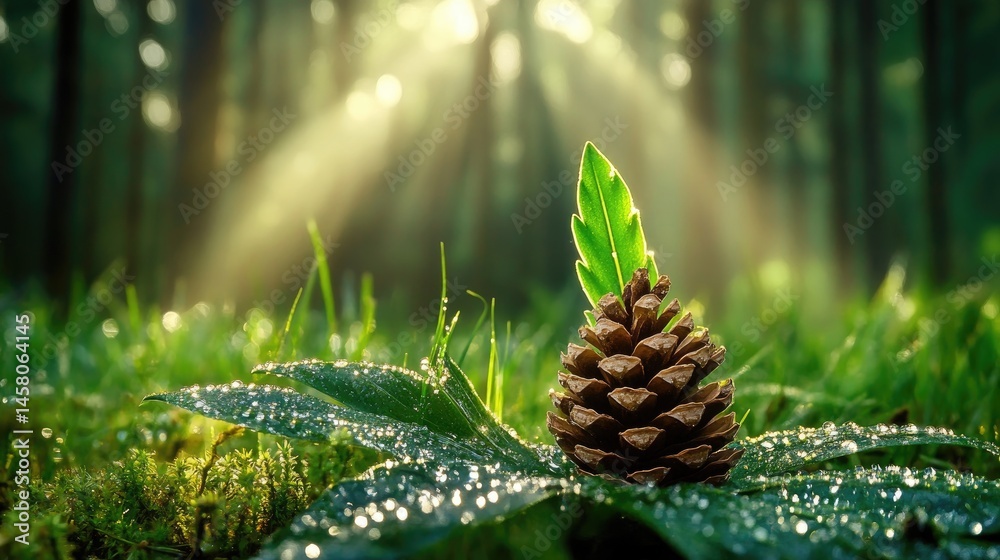 Poster a single pine cone rests on a dew-covered green leaf, framed by soft forest light in the background