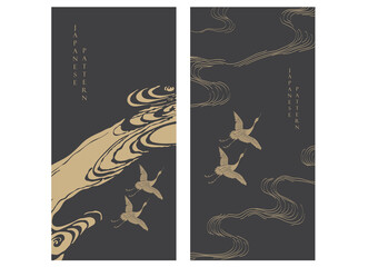 Japanese background with crane birds or herons element vector. Hand drawn wave chinese cloud decorations in vintage style. 