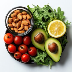 Top view of fresh plant-based ingredients including avocado, cherry tomatoes, almonds and lemon slices on a clean white background. Ideal for keto, vegan, and clean eating concepts.