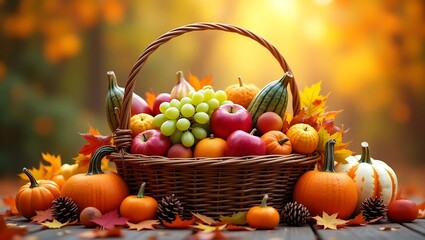 Autumn Harvest Basket: Pumpkins, Apples, Grapes, and Fall Leaves