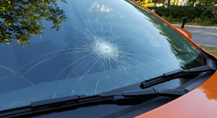 Close Up of Car Windshield Damage with Spiderweb Pattern Cracks Black Wipers and Orange Body