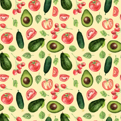 Seamless pattern. Hand drawn watercolor vegetables . cucumber, basil, tomato, organic, avocado, leaves. Illustration on beige background. For restaurant, kitchen, textile, fabric.