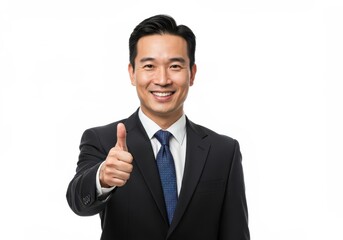 Asian businessman in suit giving thumbs up on a white background looking at the camera smiling