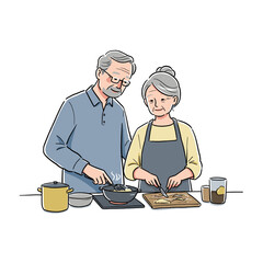 Elderly couple cooking together in cozy kitchen setting  