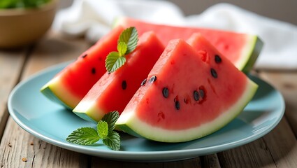 Juicy Watermelon Slices with Mint on Blue Plate
