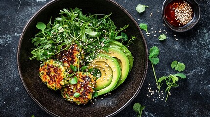 Zucchini fritters, avocado, sesame seeds.