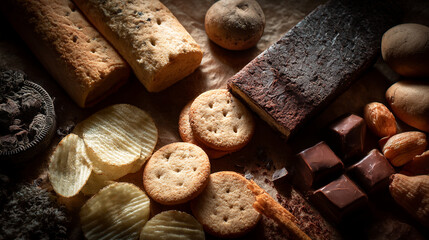 Delicious snacks crackers chips chocolate and nuts assortment food photography for food blog and social media posts