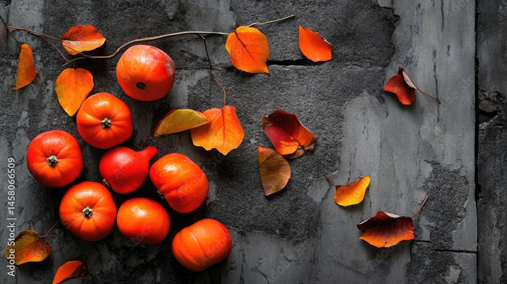 Poster artistic top view of ripe persimmons and scattered leaves on stone backdrop