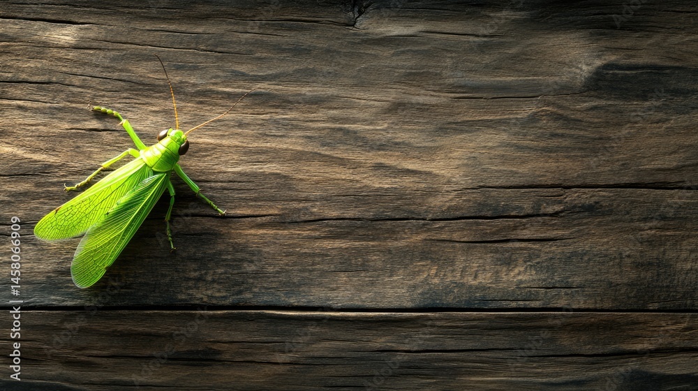 Poster Artistic view of winged grasshopper on rustic wooden background
