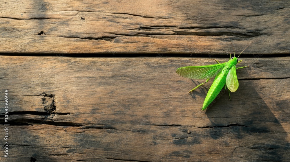 Poster Artistic view of winged grasshopper on rustic wooden background