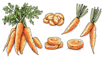 Hand-drawn illustration of carrots and carrot slices.
