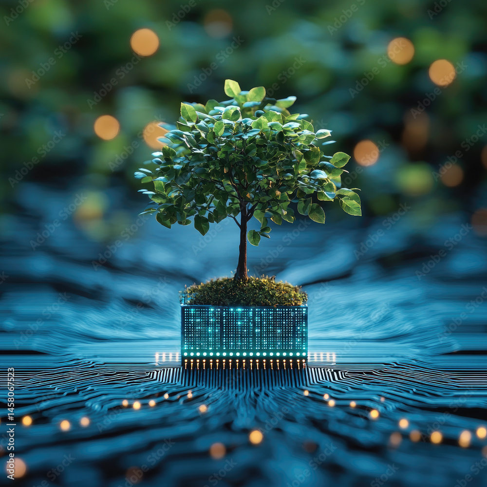 Poster small green tree with lush leaves grows from digital microchip, symbolizing eco friendly technology 
