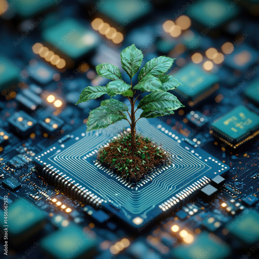 Poster small green plant with fresh leaves grows from soil on computer microchip, symbolizing eco friendly 
