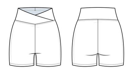 V-Waist Active Shorts Technical Fashion Illustration. High-Waisted Gym Shorts with Crossover V-Waistband Vector Template. Front and Back View. Sculpting Fit. Women’s Activewear. CAD Mockup Set.