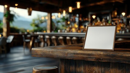 Empty sign on rustic bar counter, outdoor cafe