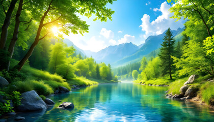 Obraz premium Serene landscapes with forest reflection and mountain backdrops offer quiet adventure and fresh air