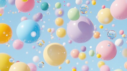 Colorful sphere shapes floating in a pastel background.