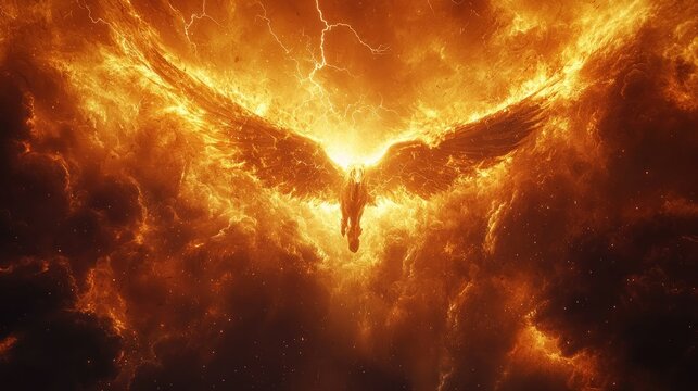 Fiery angelic figure soaring through a fiery storm