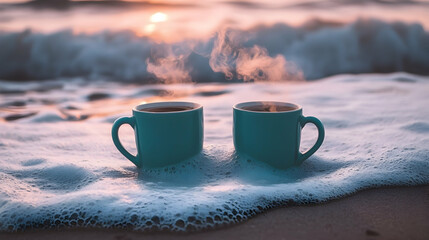 Serene beachside coffee break: Turquoise mugs embrace gentle surf at sunrise