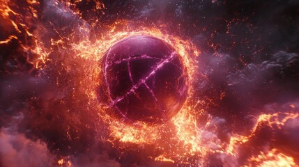Fiery, fractured sphere engulfed in flames