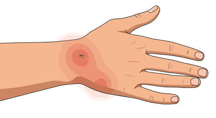 Bee sting on swollen hand illustration with redness  