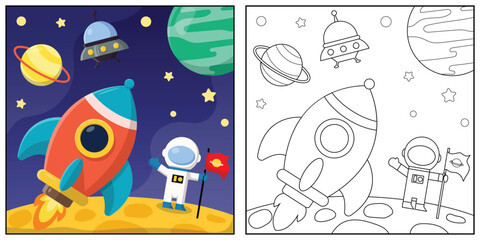 Rocket, ufo and astronaut in space. Black and white vector illustration for coloring book.