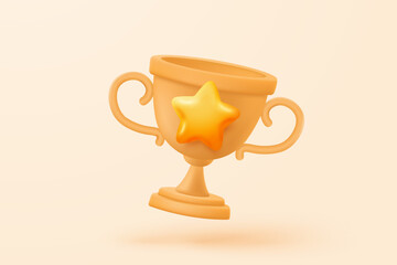 3d winner award with golden cup, gold winner stars for rewards ceremony. Contest ceremony first and second and third concept on podium. 3d trophy champion icon vector render illustration